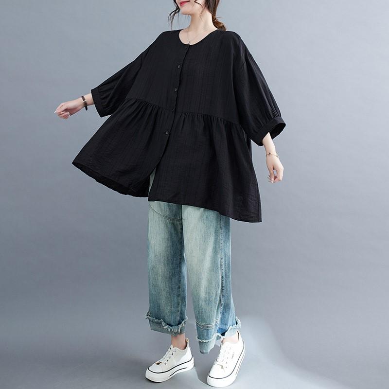 Johnature Letní Volné Jednoduché Dámské Korejské Košile Ležérní Jednobarevné Tříčtvrteční Rukávy Tenké Halenky Topy