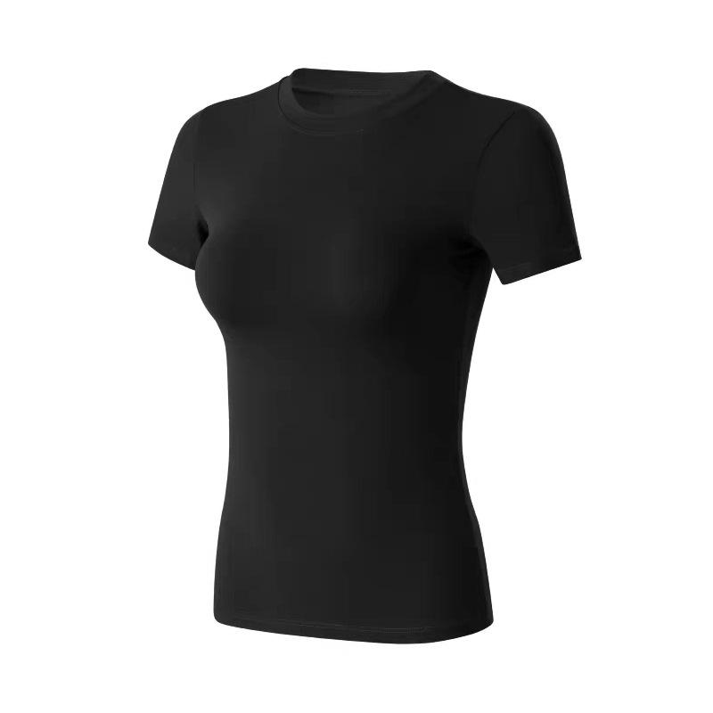 Summer breathable yoga clothes women s elastic slim fit front shoulder short sleeves running fitness training clothes slim top S