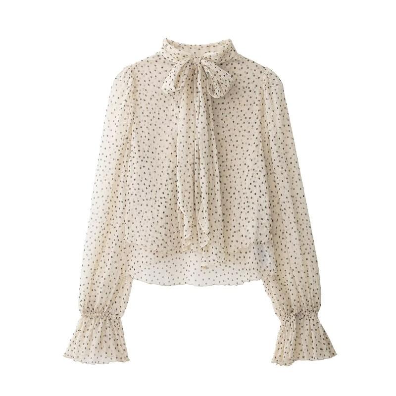 Womens 2026 Long Sleeve Shirt With Bow Detail Polka Dot Regular Fit Casual Blouse