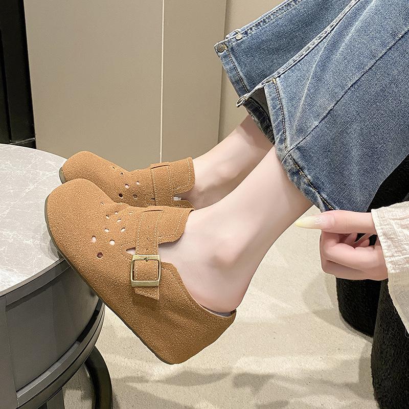 

2025 spring and summer new fashion versatile elegant French wedge heel women s square head hollow hand-woven shoes slippers 34