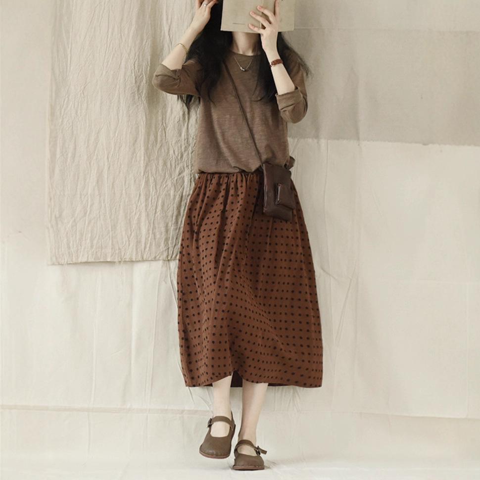 2023 Spring Retro Cotton Linen Embroidered Polka Dot Long Skirt for Women Large коричневый
