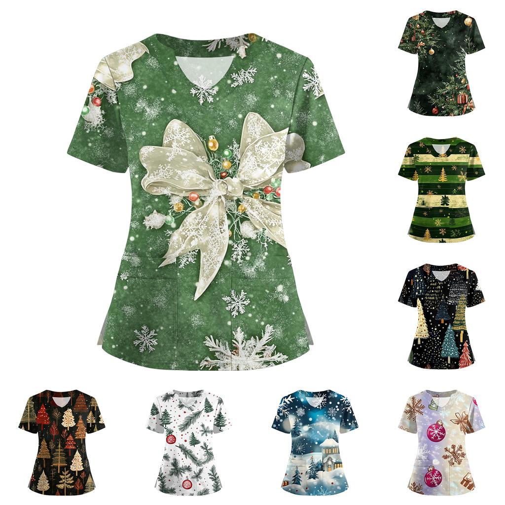 Women's Short Sleeved Christmas Printed V-neck Buttonable Side Slit Top T-shirt