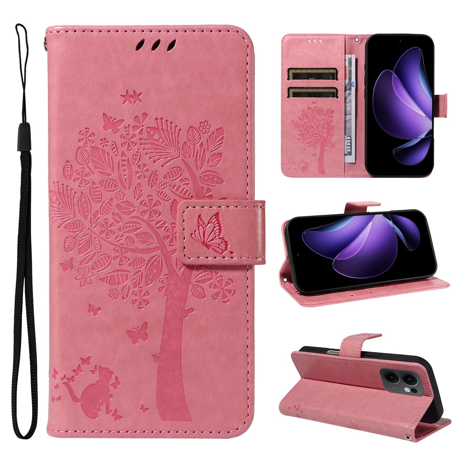 

For Oppo Reno13 F 5G Phone Case with Stand Cat Tree Pattern Leather Wallet Mobile Cover Pink
