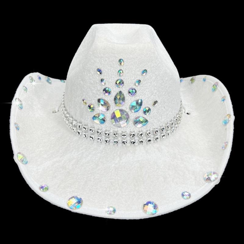 Rhinestones Cowboy Hat for Women Breathable Wide Brims Beach Hat Music Festival Hat Bachelorettes Party Nightclub Hat