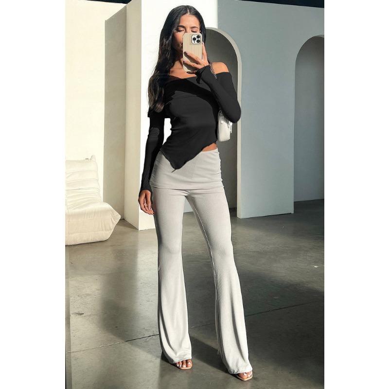 Women's Spring and Autumn Sexy Straight Neck Off-the-shoulder Long-sleeved Top, T-shirt Base Layer