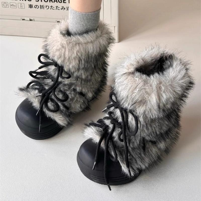 Fashion Sweet Black Lace-up Bow Platform Snow Boots Women Fashion Fluffy Designer Flat Cotton Boots Comfortable Warm Winter Ankle Boots
