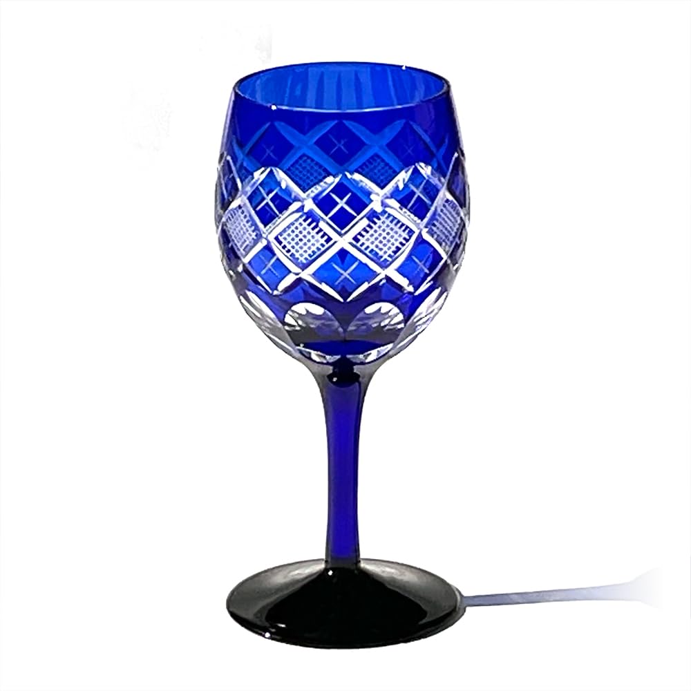 Taiburo Edo Kiriko Yarai Nanko Crest Wine Glass Wooden Made in Japan [Official Studio] (Blue) TB90408B, Box,