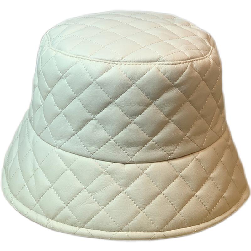 Korean Style Hat for Women  Versatile Matte Pu Leather Plaid Fisherman Hat Face Showing Warm Autumn and Winter Japanese Style Basin Hat