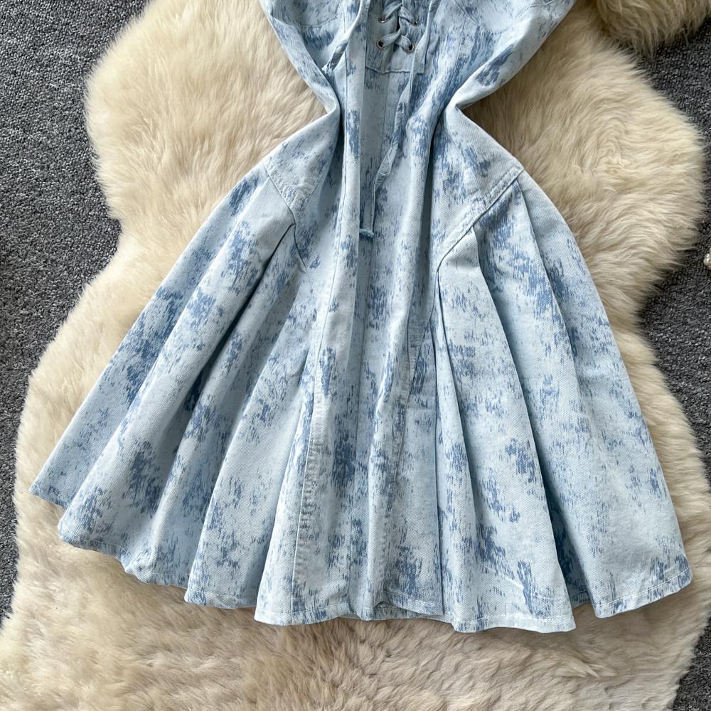 Sweet girlish style strap waist A word suspender denim dress women's summer thin age-reducing strap short skirt