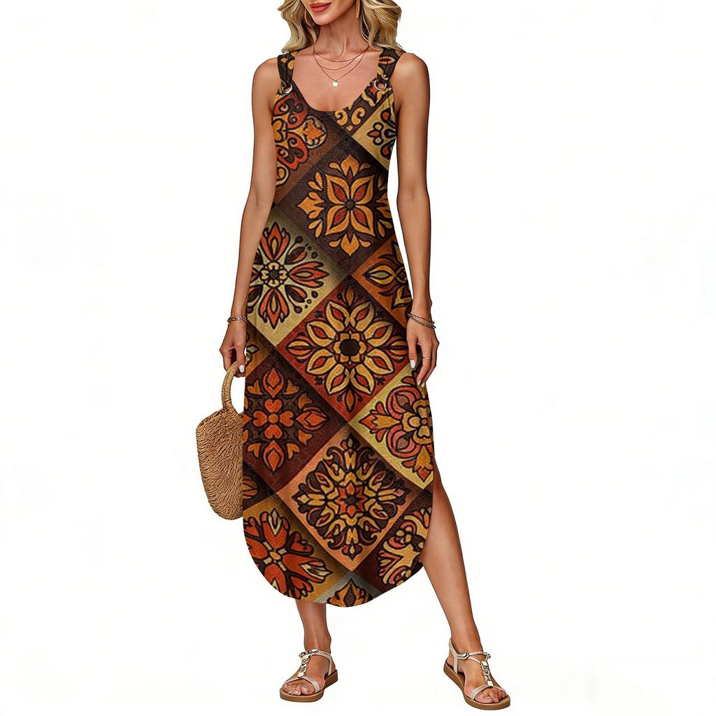 Women's Summer Long Dress, Sleeveless With Side Slits, Long Retro Printed Camisole Dress