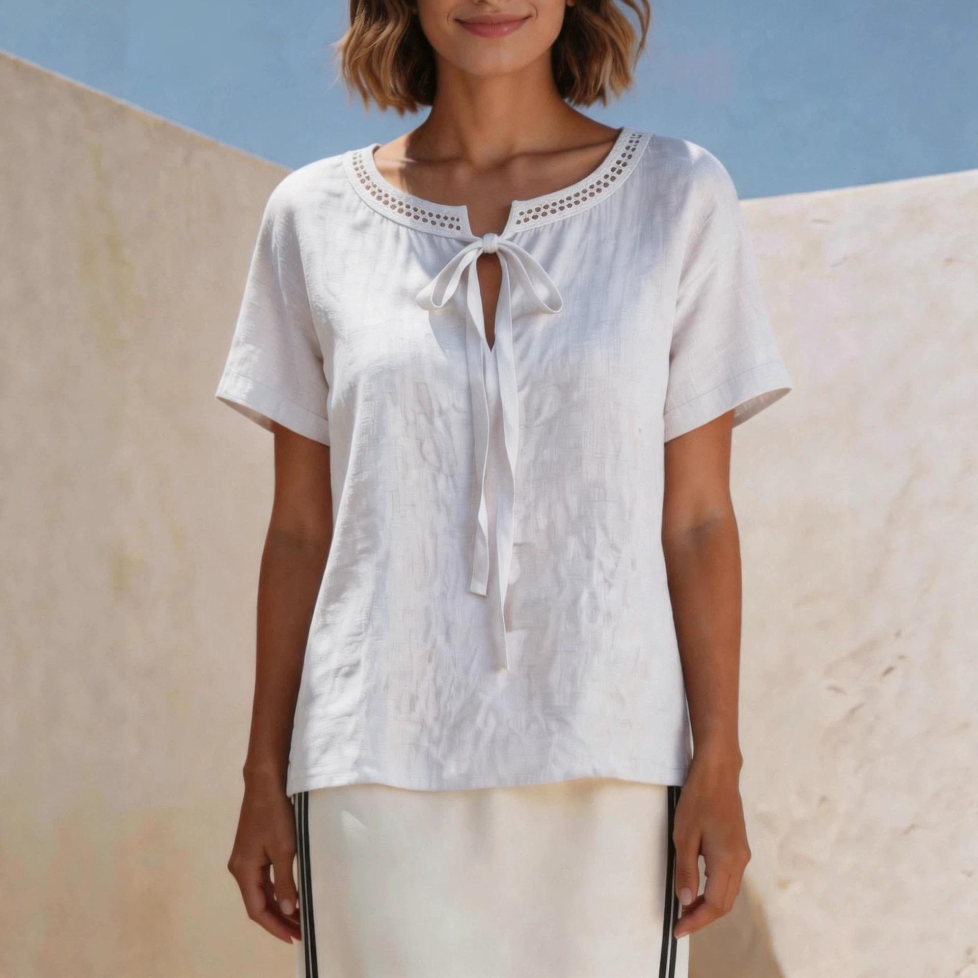 2026 European and American cross-border new summer fashion temperament fresh and elegant tie-up T-shirt S белый