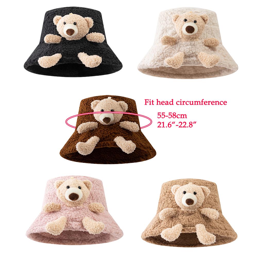 Women Winter Bucket Hat Cute Bear Plush Warm Hat Thick Fisherman  Casual Outdoor Sunscreen Sun