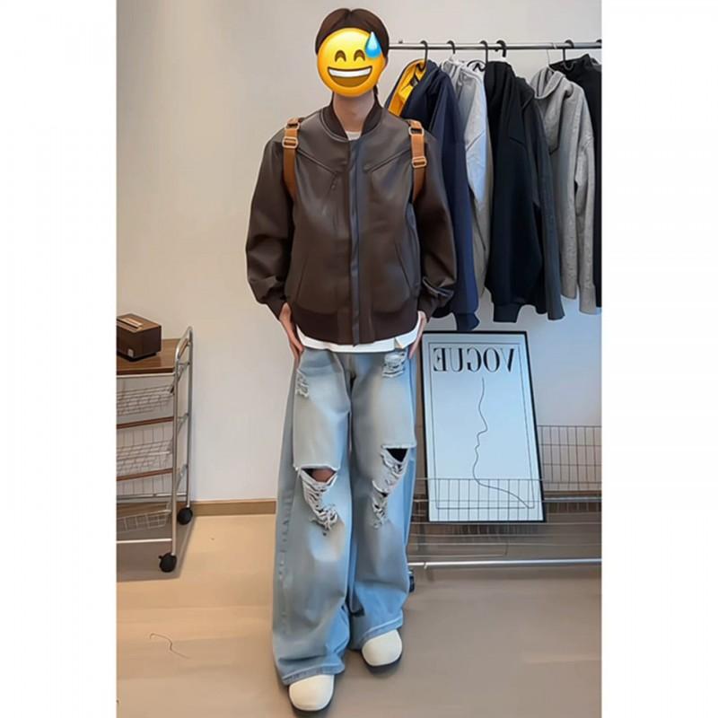 Mens Short PU Leather Harrington Jacket Casual Loose Fit Trendy Streetwear Teens
