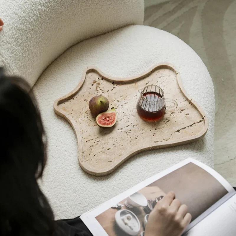 Vintage Travertine Stone Tray, Decorative Jewelry Plate Trinket Dish, Marble Counter Organizer for Bathroom Dresser Coffee Table