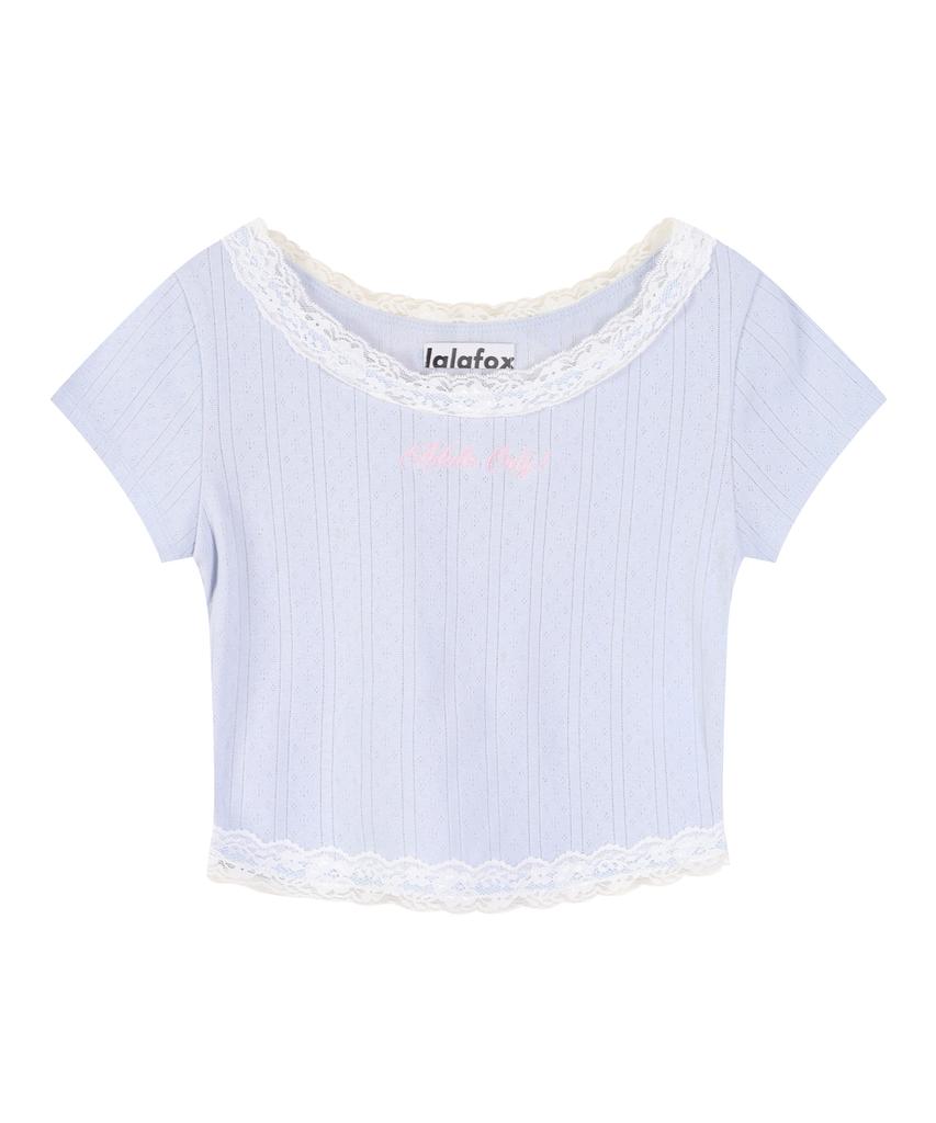 LALAFOX Lace Trim Eyelet Slim T-Shirt Sky Blue Bs2Ch018