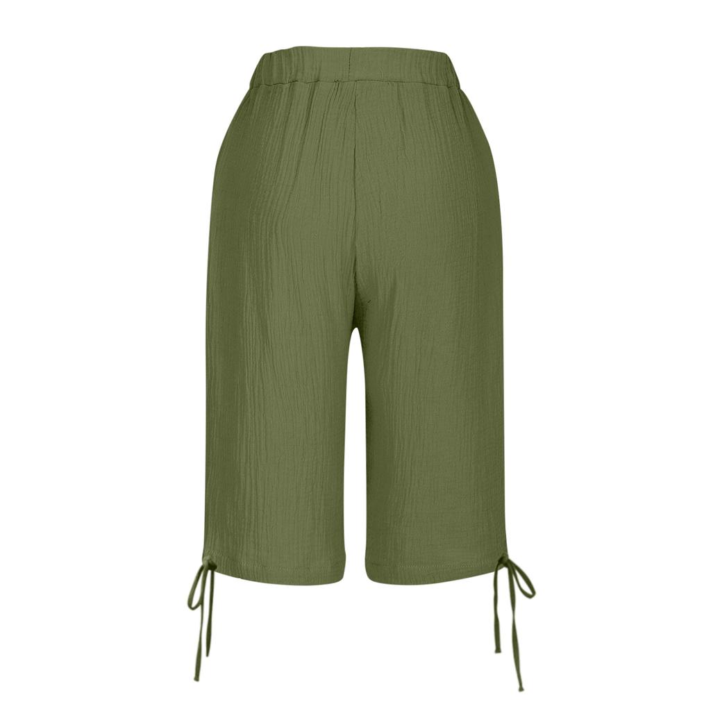 Women's Fashionable Color Elastic Waist Pocket Casual Loose Cotton And Linen Five Quarter Shorts