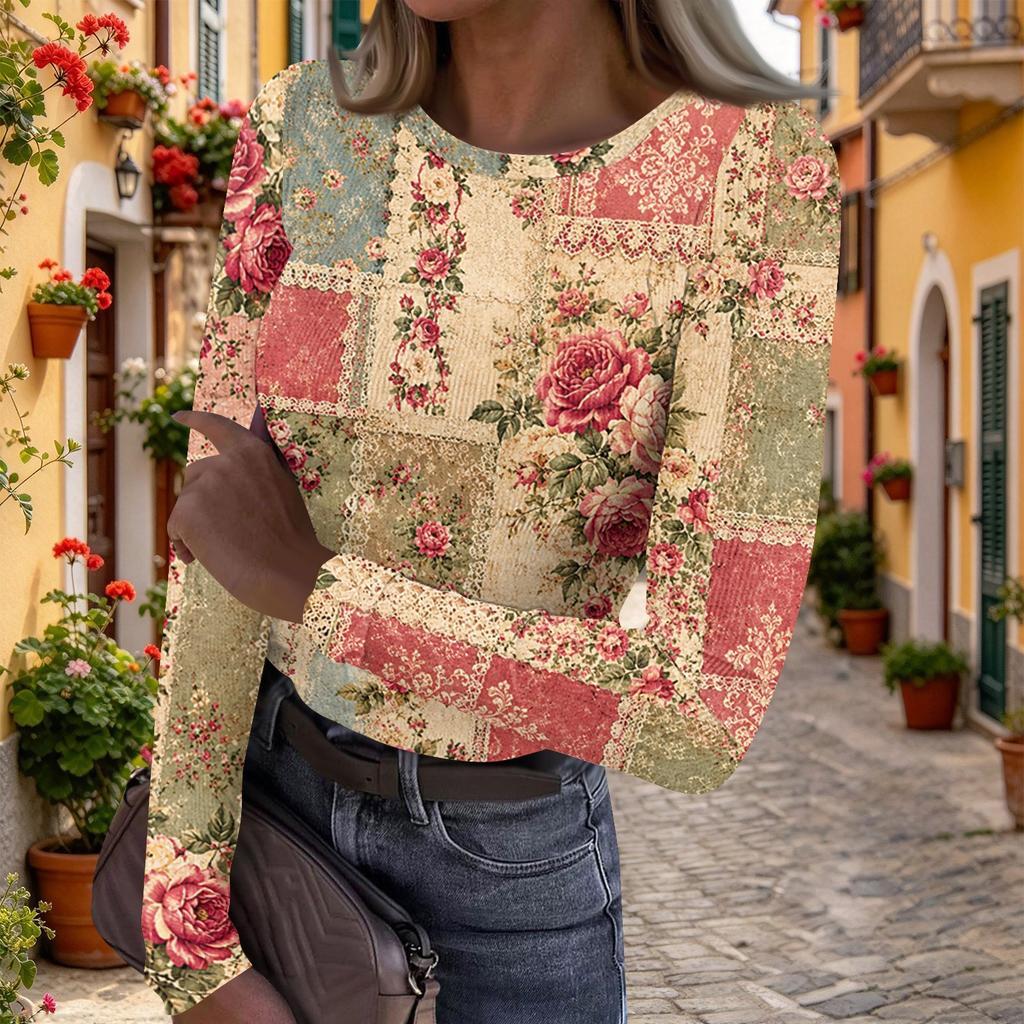 Women's Casual Vintage Floral Print Long Sleeve Top