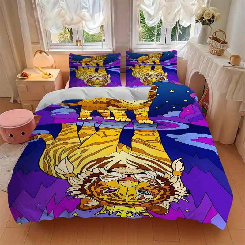 3pcs Tiger Cat Print Duvet Cover Set, 1 Duvet Cover + 2 Pillowcases (No Insert), High-Definition Print, Home & Dorm yy251123007