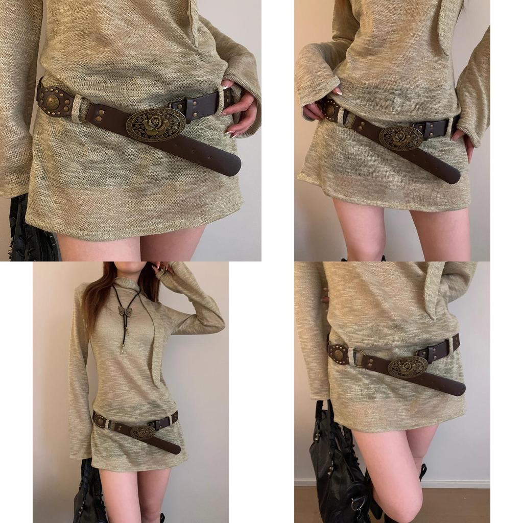 Vintage American Denim Leather Belt For Women With Metal Buckle Fashion Waist Accessory