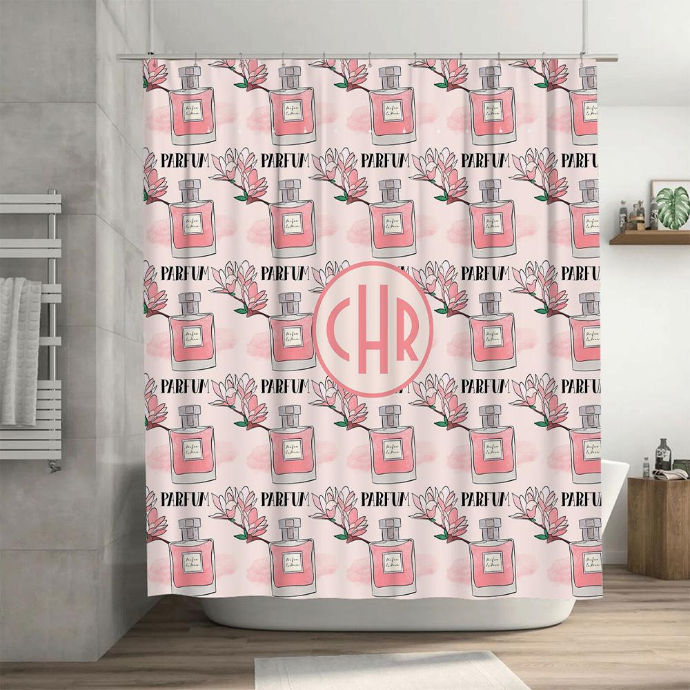 Cute Parfum Pattern Shower Curtain With Monogrammed Initials For Bathroom Decor Pink White Floral Design, Custom Size Available