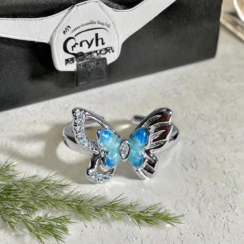 Neues Nischendesign Emaille Meerblau Öltropfen Schmetterling Offener Ring Liebesgürtel Zirkon Leichter Luxus Ring