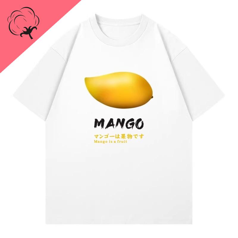 T-shirt med mangofruktstryck, Sommar kortärmad i ren bomull, Trendig ny stil för både män och kvinnor, Streetwear-tröjor