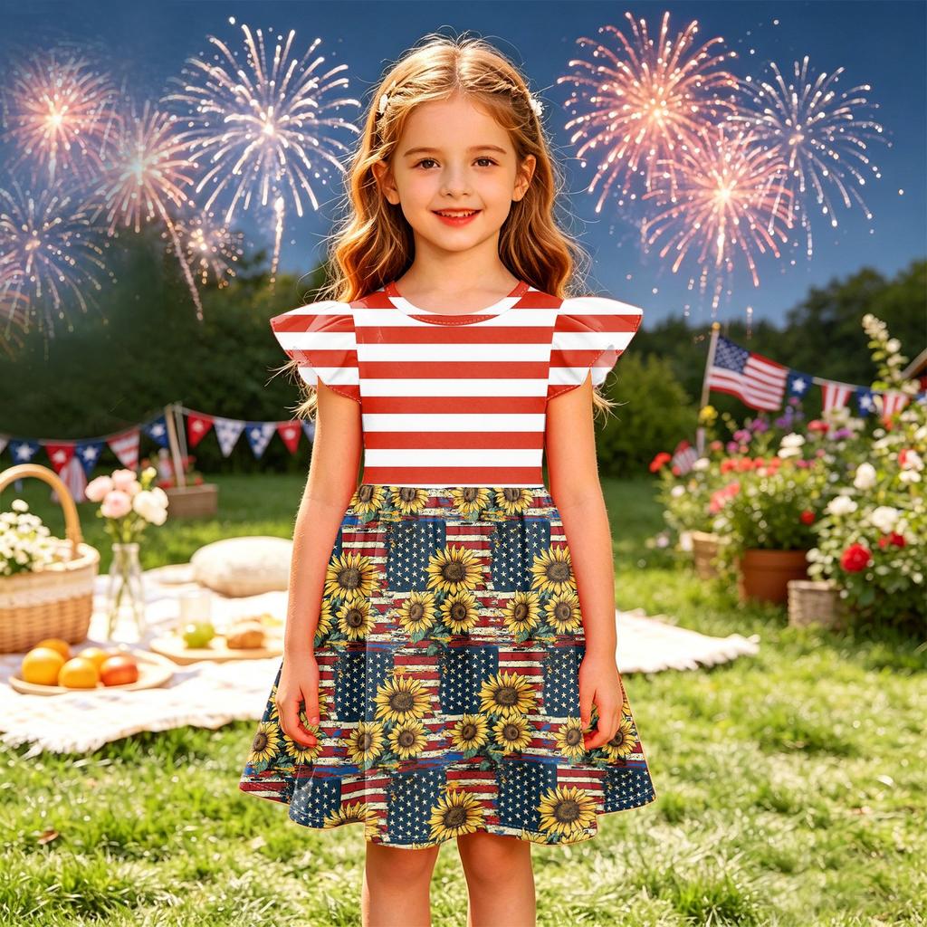 Girls' Summer Princess Dress - A-Line T-Shirt Dress Independence Day