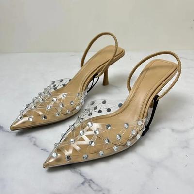 Pantofi de damă noi de lux cu toc înalt ZA Baotou PVC Sandale cu toc subțire transparent Stil diamant de apă Sandale versatile cu toc înalt