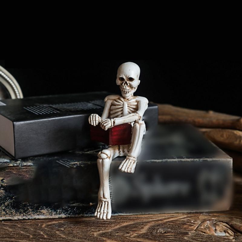 Reading Skull Figure Resin Statue Skeleton Reader with Book for Adding Character To Bookshelves and Office