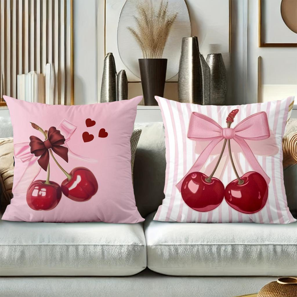 Pink Cherry Pillows With Bows Heart Pattern Polyester Pillowcase, Sofa Decorative Cushion Cov Headboard Pillow