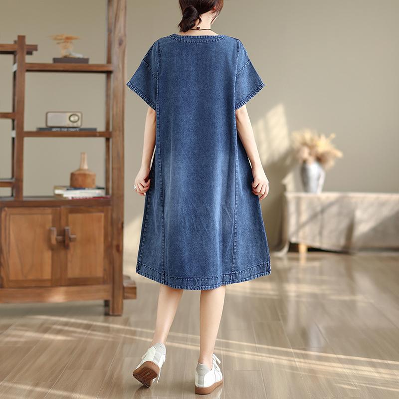 Short sleeve Plus size vintage new in dresses for women casual loose midi summer denim dress