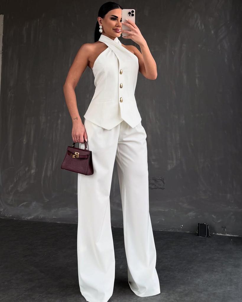 2025 Summer Women's Halter Top & High Waist Long Pants Set - European & American Style