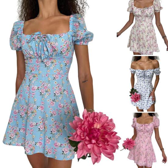 Women Dress Square Neck Elastic Vintage High Waist Pullover Refreshing Flower Print