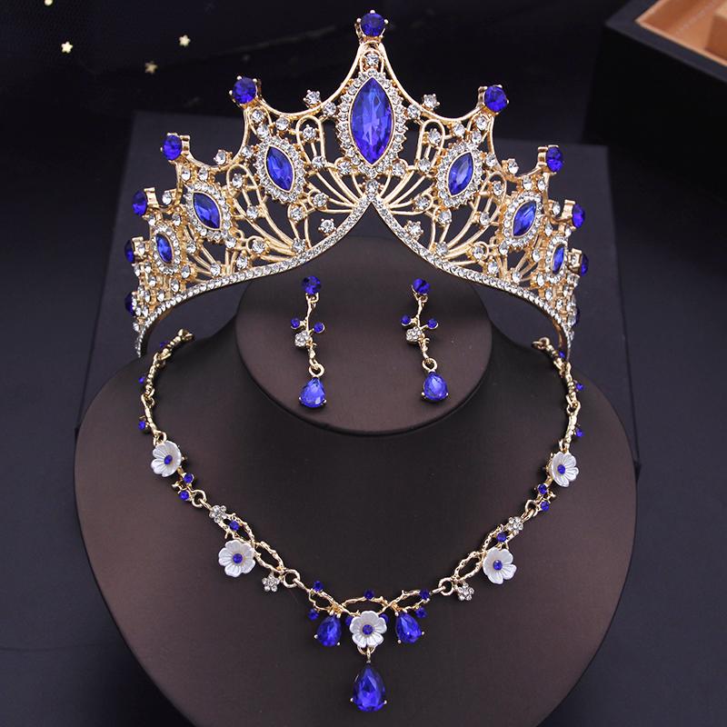 Baroque Tiaras Gold Color Red Crown Necklace Earring Sets Wedding Bridal Jewelry Set Prom Costume Accessories