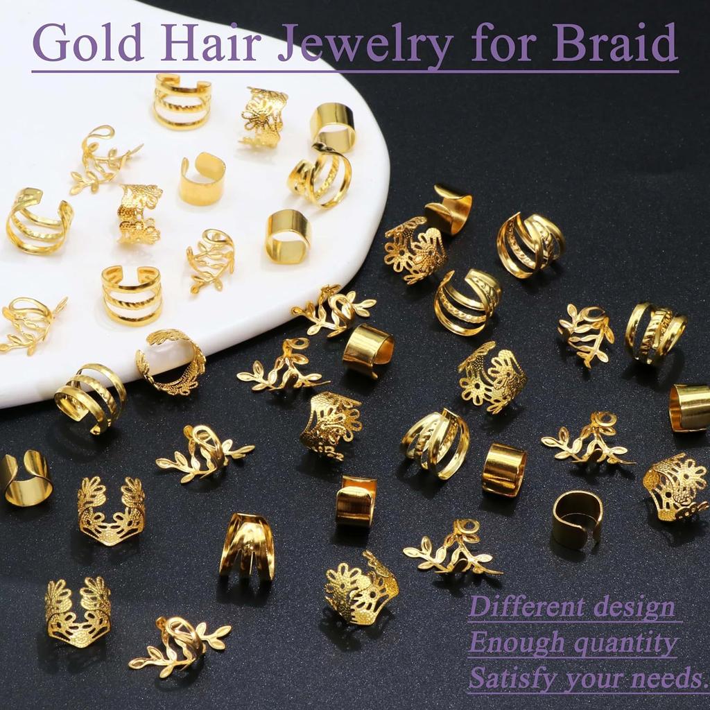 40PCS Hair Cuffs for Braids Gold Loc Jewelry Metal Braid Jewelry Non-Piercing Dreadlock Accessories for Women and Girls