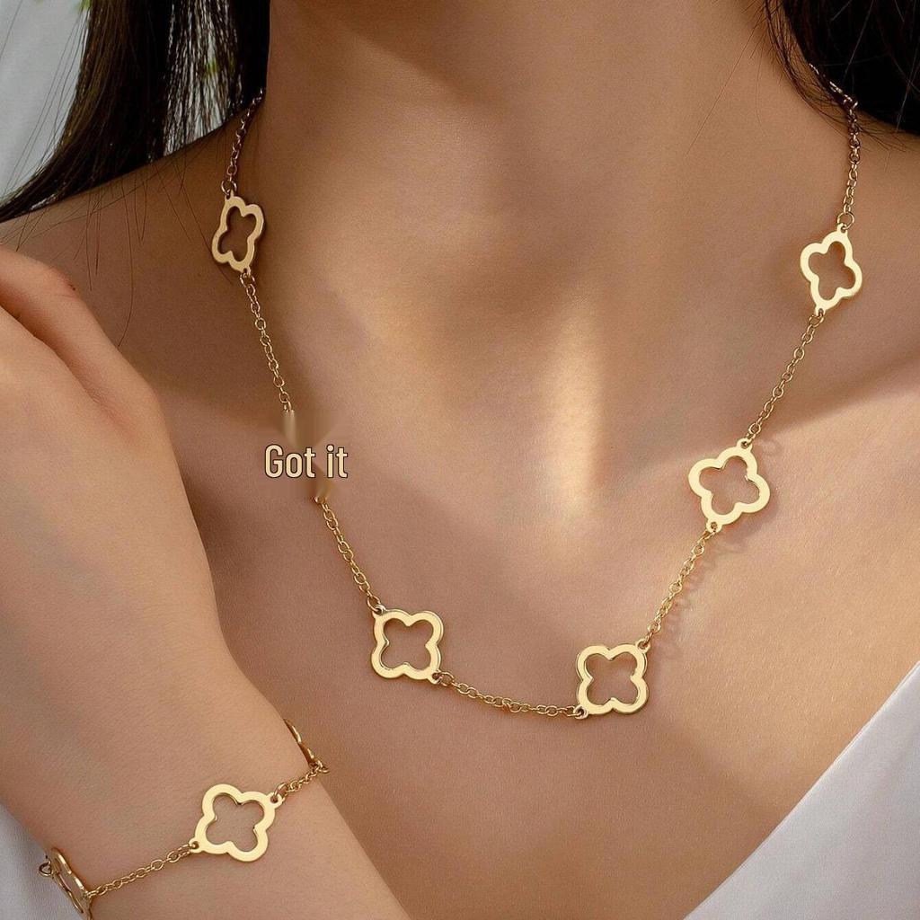 Metallic Four-Leaf Clover Bracelet & Necklace Set for Women