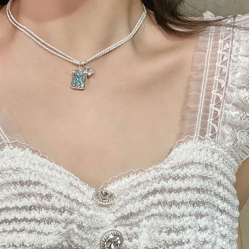 Silver Shiny Clavicle Chain Double-layer Necklace Square Pendant Replaceable for Six Colors Pendant Female Lover Gift