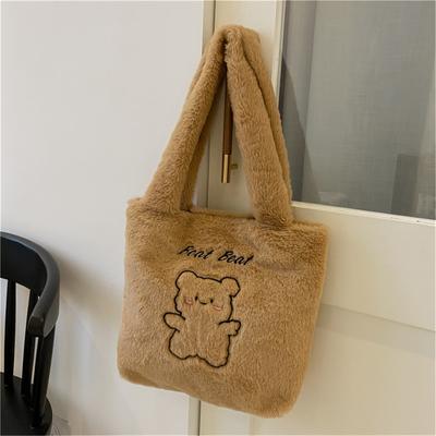 FASHION Women'S Shoulder Bags Bear Pattern Soft Plush Shopper Fashion Solid Colour Large Capacity Handbags Casual Simple Bag For Student