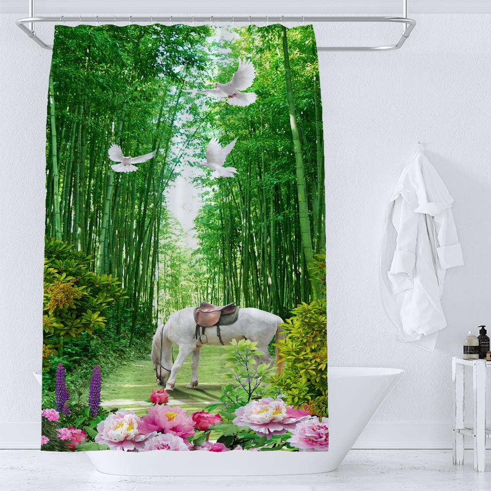 1 Pcs Forest Pattern Polyester Material Shower Curtain Waterproof Fabric, Partition Curtain For Bathroom,Home Decoration Curtain