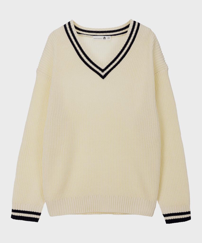 BASIC HOUSE Uni V-Neck Contrast Knit Ivory Lxkt2102