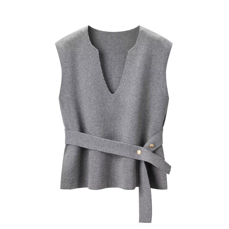 Womens V-Neck Knit Vest With Tie Waist Detail Slim Fit Layering Top 2026
