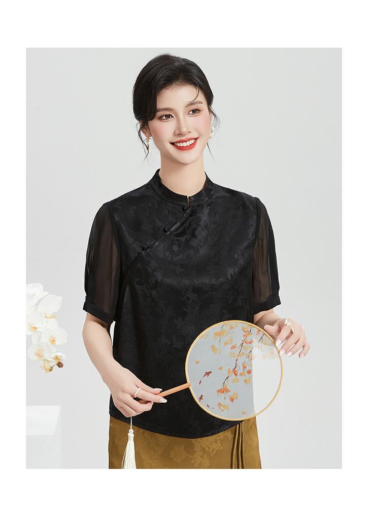 Jacquard Silk Top Women's 100 Mulberry Silk Short Sleeved Spring and Summer Solid Color Breathable Slanted Placket Button Design T-shirt