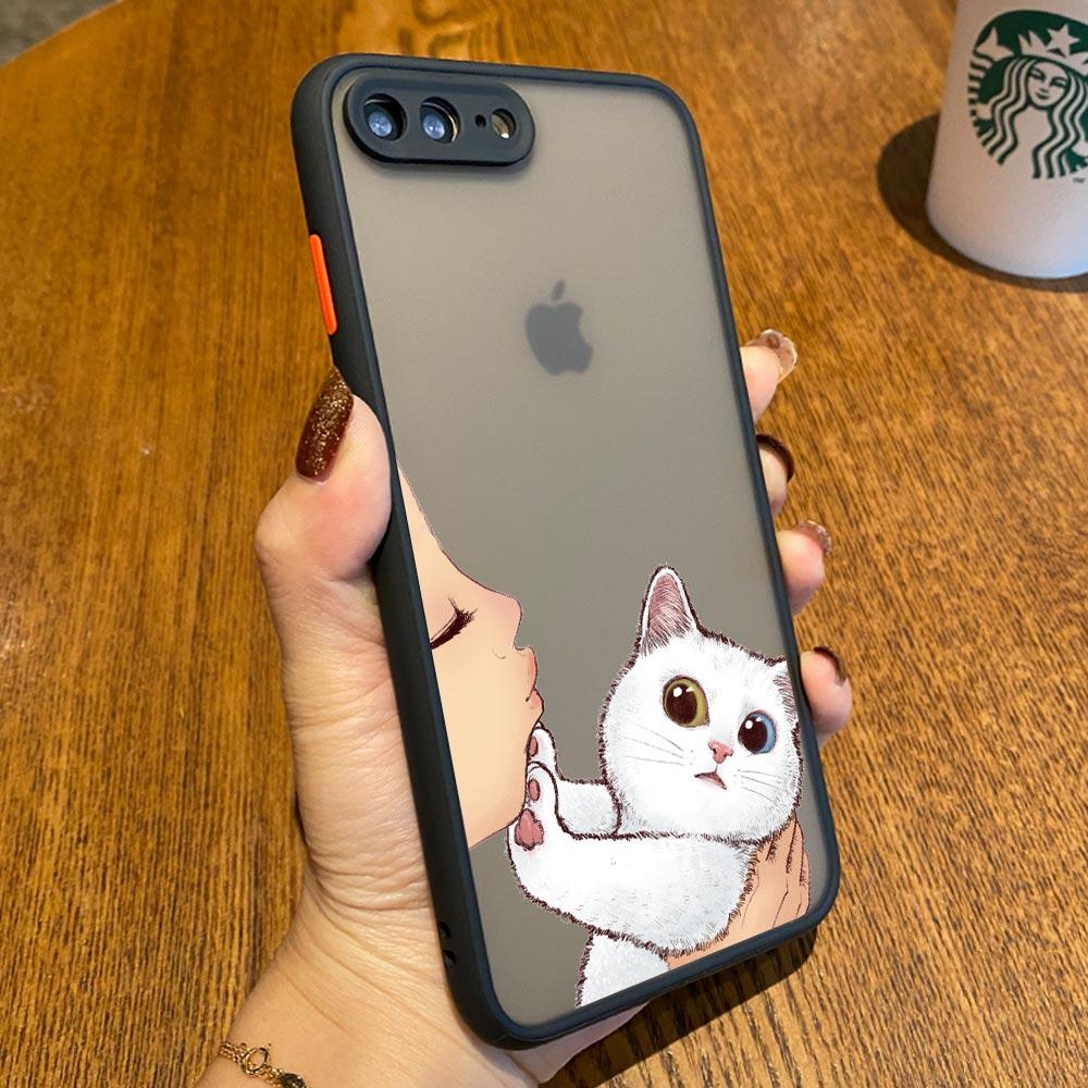 Cute Shockproof Translucent Matte Phone Case For Iphone 11 12 13 Pro Max Mini 7 Plus XR X S Cover Lovely Cat Kiss Refuse To Kiss