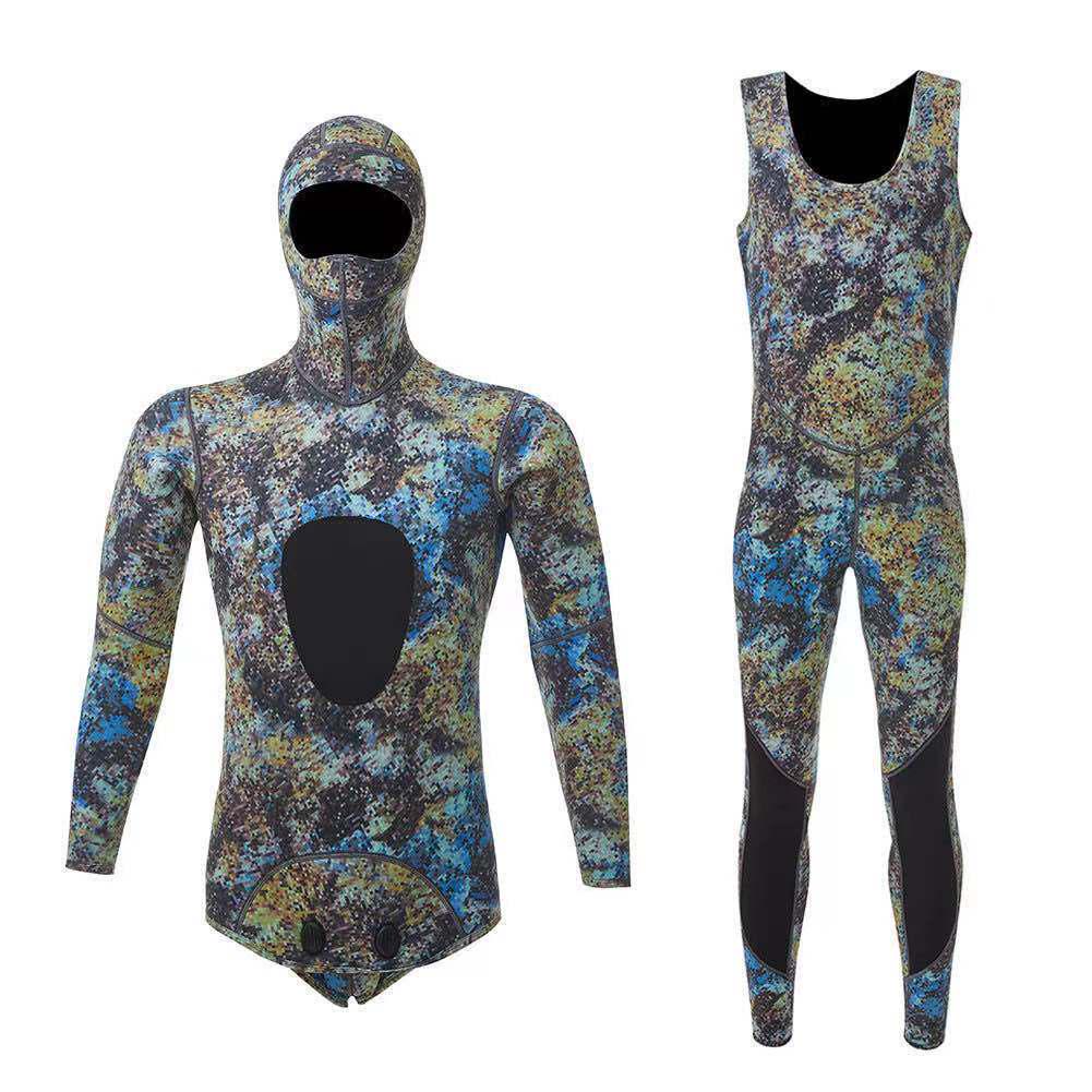 1.5/3MM Hooded Camouflage Diving Suit for Cold Protection, Warmth, and Snorkeling.