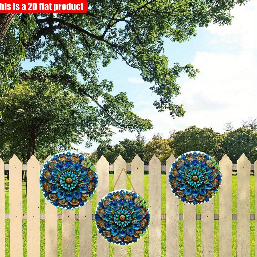2D Flat 20*20cm1pc Vintage Blue Mandala with Leaf Patterns Wall Art Round Signage, Bright Symmetry Blue Flowers Theme Wooden Pendant, Applicable  Bar