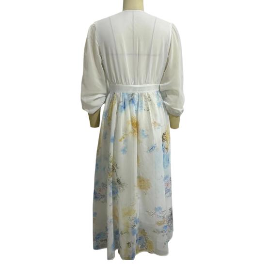 Dámské šifonové šaty s dlouhým rukávem, květinový potisk, hluboký výstřih do V, splývavé šaty áčkového střihu, šaty pro hosty na jarní svatbu