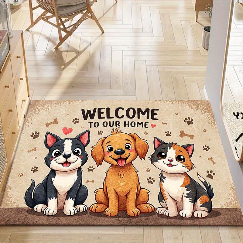 1pc Non-Slip Machine Washable Welcome Mat | Cute Cartoon Dog and Cat Design with Paw Prints and Hearts, Durable Polyester Indoor/Outdoor Entrance Mat