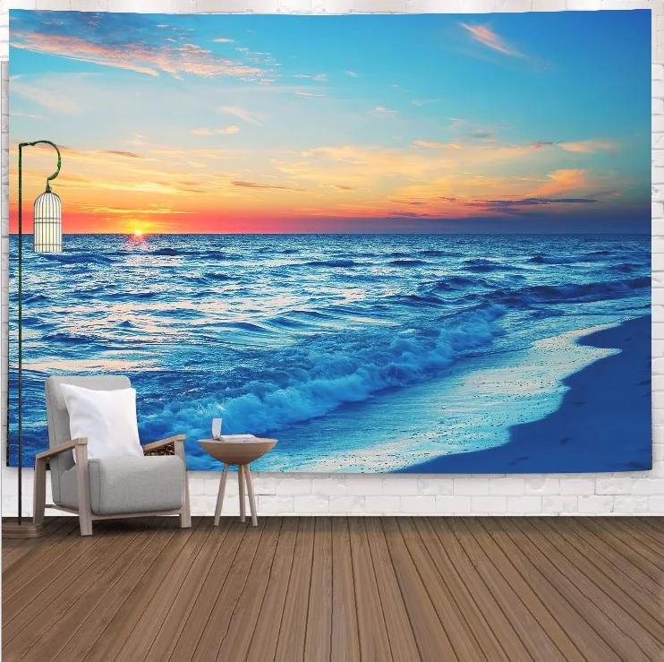VIKAMA Tropical Beach Landscape Tapestry Summer Coconut Grove Waves Fresh Vacation Style Living Room Room Decoration