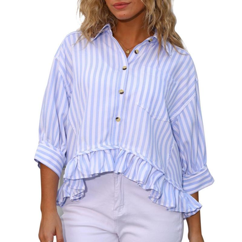 European and American women's clothing fashion commuter striped lace hem loose shirt five-quarter sleeve shirt