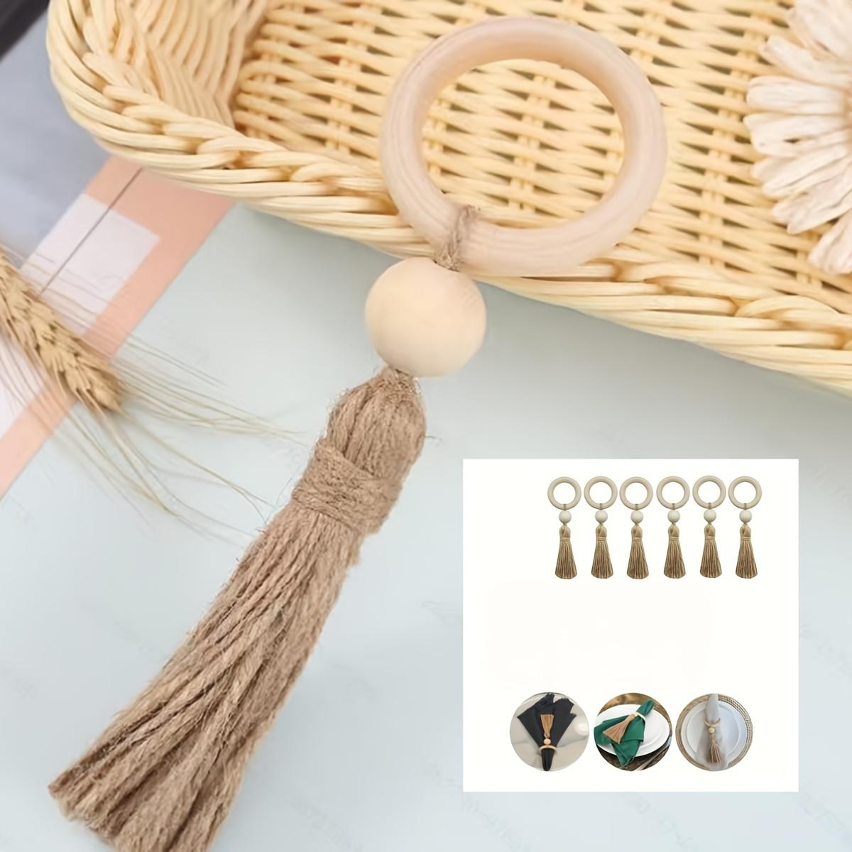 6 Pieces natural wooden napkin rings with lace - decorate the dining table with beads, suitable for dining, weddings 6 Pieces
